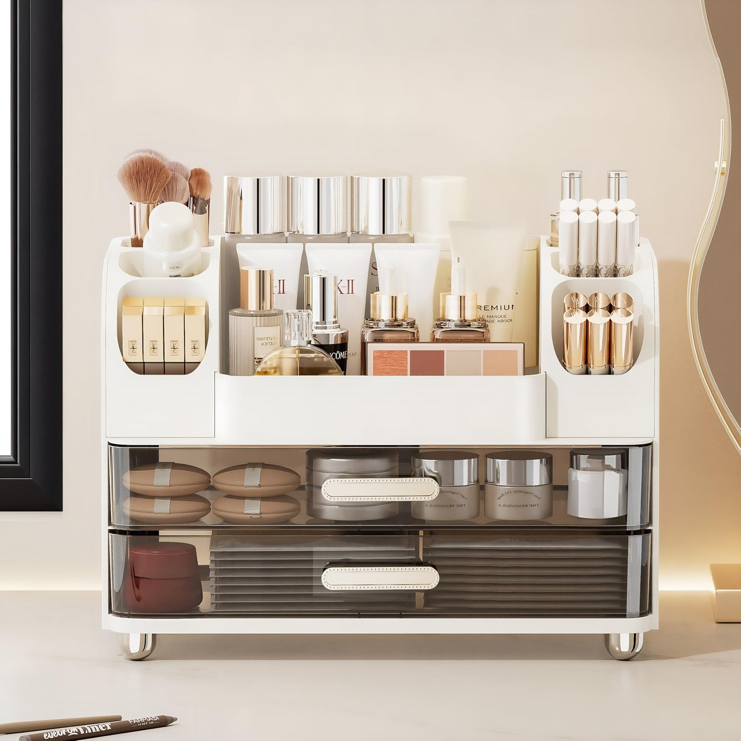 Makeup Organizer with 2 Drawers, Cosmetic Display Case, Storage Holder for Vanity, Bathroom Counter, Desk, Beauty Supplies (White)