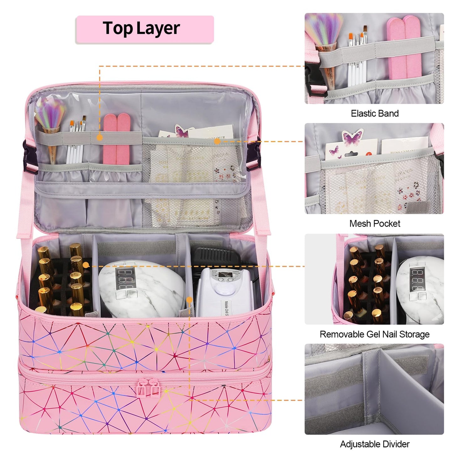 Ethereal Nail Polish Organizer Case Holds 50+ Bottles (5ml/0.5fl.oz) and Nail Lamp, Leather Nails Storage Organizer with Compartment, Diamond Pink