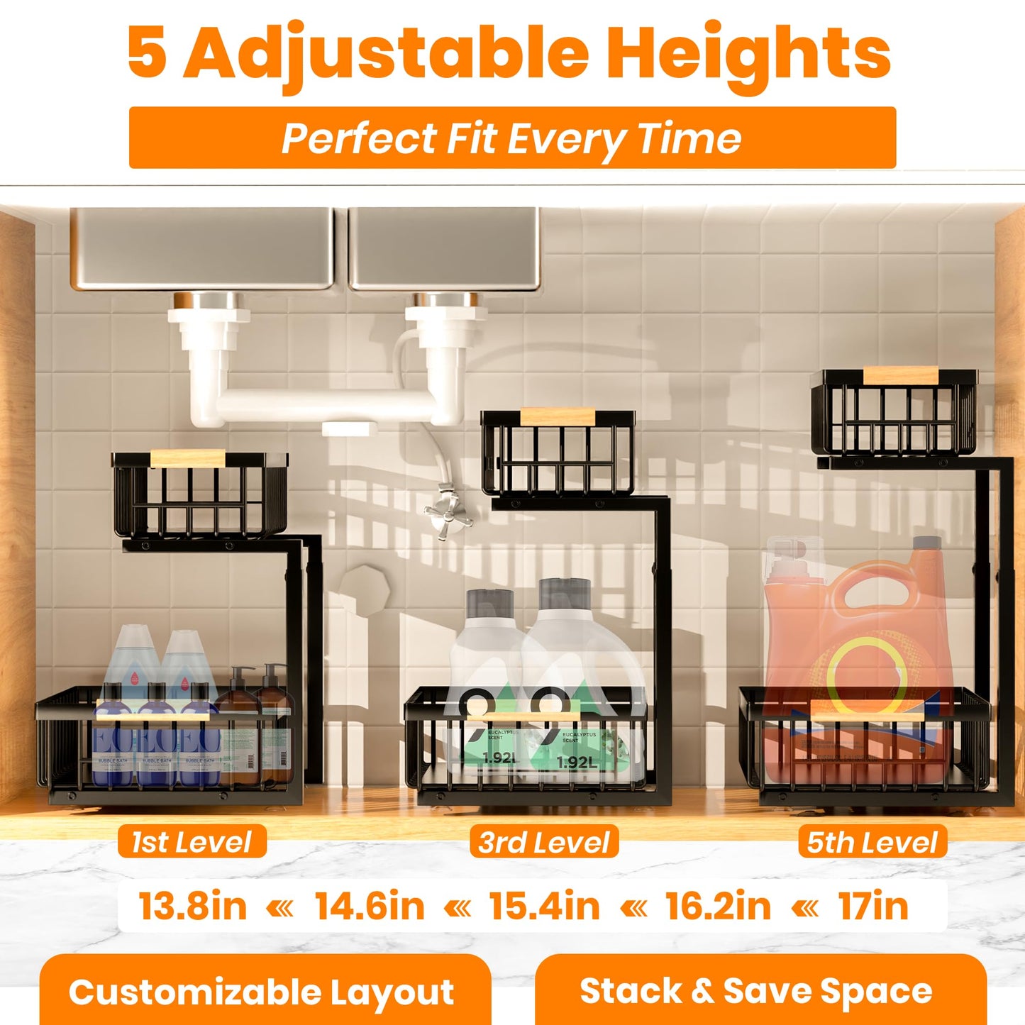 HOMVIA Under Sink Organizer, 2-Tier Pull-Out Cabinet Organizer – Adjustable Height, Left or Right Install – Smooth Slide-Out Drawers, Heavy-Duty Metal Rack for Kitchen & Bathroom, 1 Pack