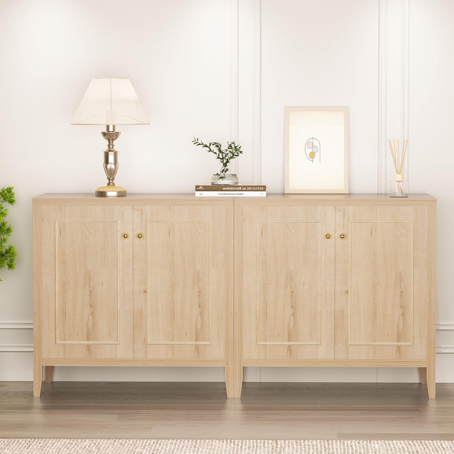 VDNEND Floor Sideboard Buffet Cabinets with Adjusable Shelves, Farmhouse 2 Doors Storage Cabinet for Kitchen, Bathroom, Living Room, Coffee Bar, Office, Entryway Organizer - (White-Oak)