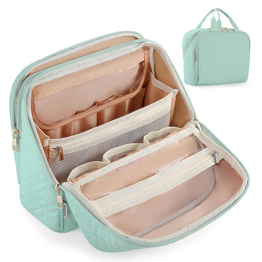 JOYYTUU Standing Makeup Bag, Large Capacity with Room for Brushes and Mirror, Travel Makeup Organizer, Portable Stand Up Make Up Case, Waterproof Cosmetic Toiletry Bags with Handle, Color Sage Green