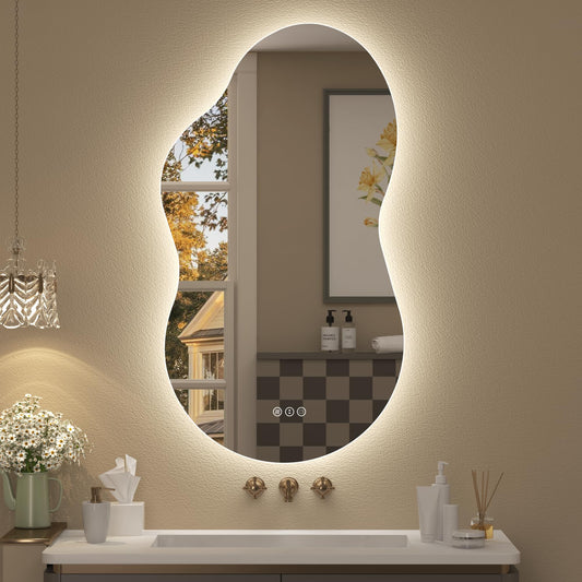 CHARMOR 20x36 Inch Asymmetrical Backlit Bathroom Mirror with Lights, Irregular Cloud Led Lighted Vanity Mirror, Fogless, Dimmable, Memory, 3 Colors, Shatterproof (Horizontal/Vertical)