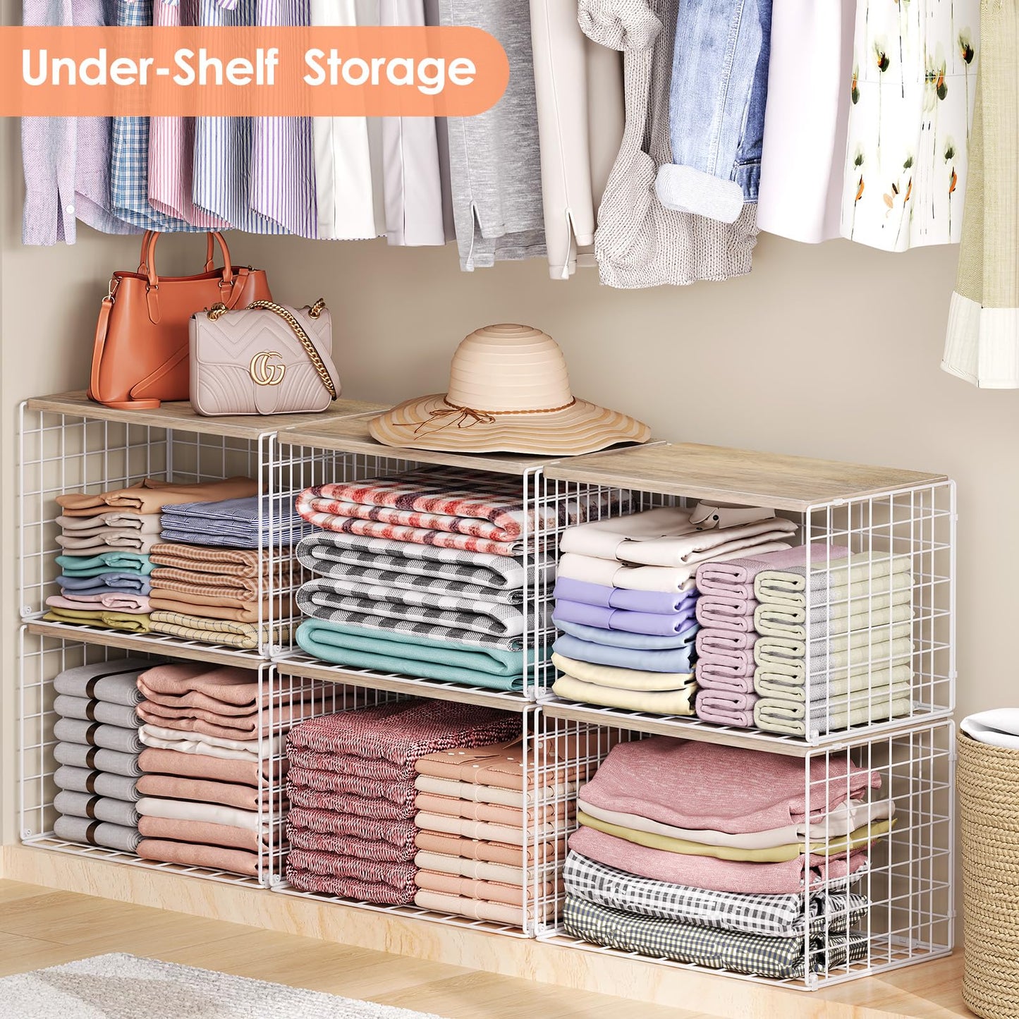 5 Pack Extra-Long Closet Organizers and Storage with Ajustable Shelf, Stackable Closet Shelf Organizer, Double Storage Design Clothes Storage Cube/Bin Organizer for Wardrobe, Space-Saving, White