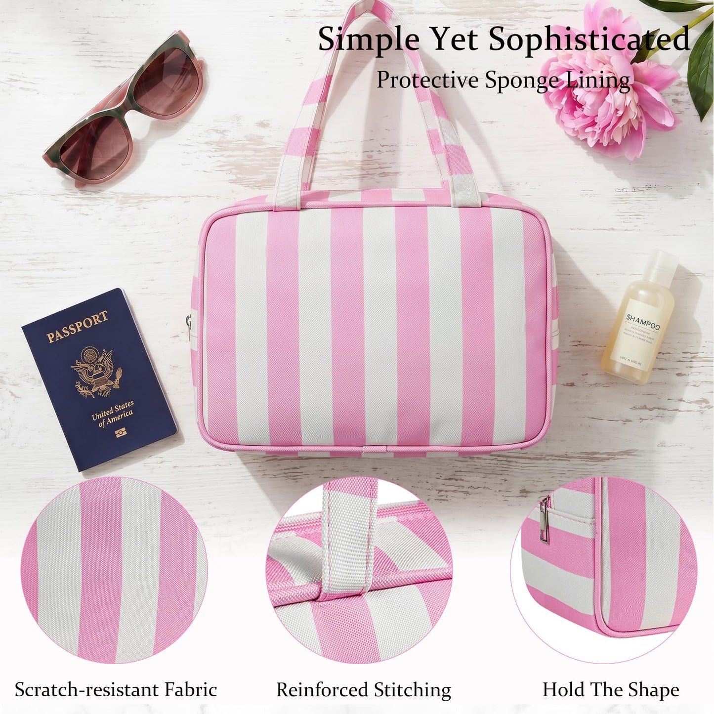 Lestikave Large Stripe Makeup Bag,Aesthetic Travel Cosmetic BagToiletry Bag with Zipper, Travel Organizer for Shampoo, Conditioner, Brushes Set,Makeup Case with Handle (01Pink&White)
