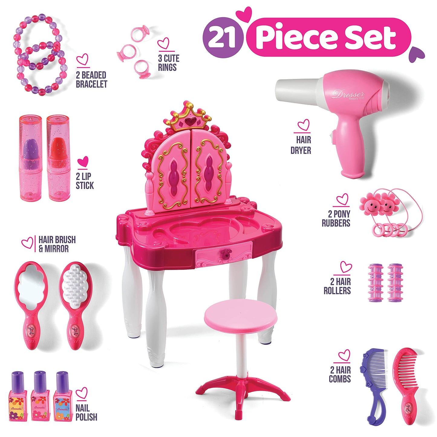 Play22 Pretend Play Girls Vanity Set with Mirror and Stool 21 PCS - Kids Makeup Vanity Table Set with Lights and Sounds - Includes Fashion Hair & Makeup Accessories
