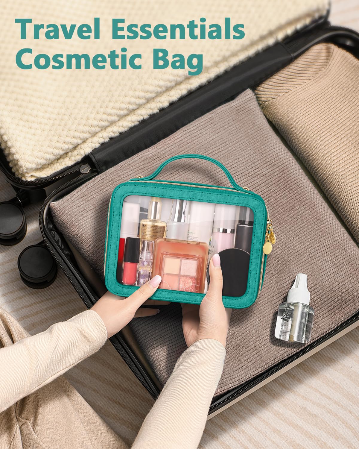Soimeat Clear Makeup Bag, Portable Travel Cosmetic Bags, Multipurpose Leather Toiletry Bag with Zipper, Waterproof Transparent Cosmetic Organizer for Women, Medium, Green