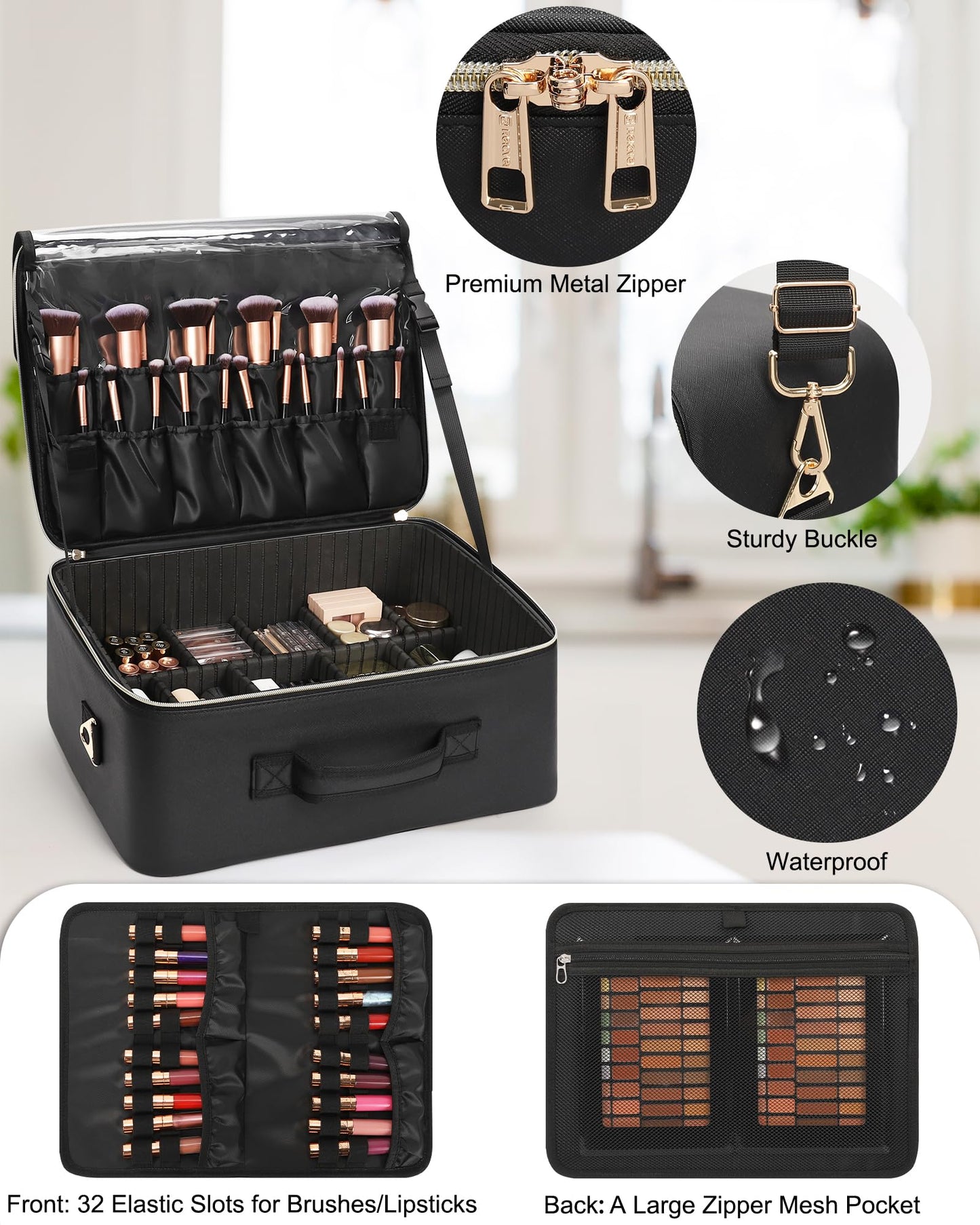 Relavel Extra Large Makeup Bag, Professional Makeup Train Case for Makeup Artists, Travel Cosmetic Organizer with 4 Small Portable Bags & Brush/Lipstick Plate, Adjustable Dividers and Shoulder Strap
