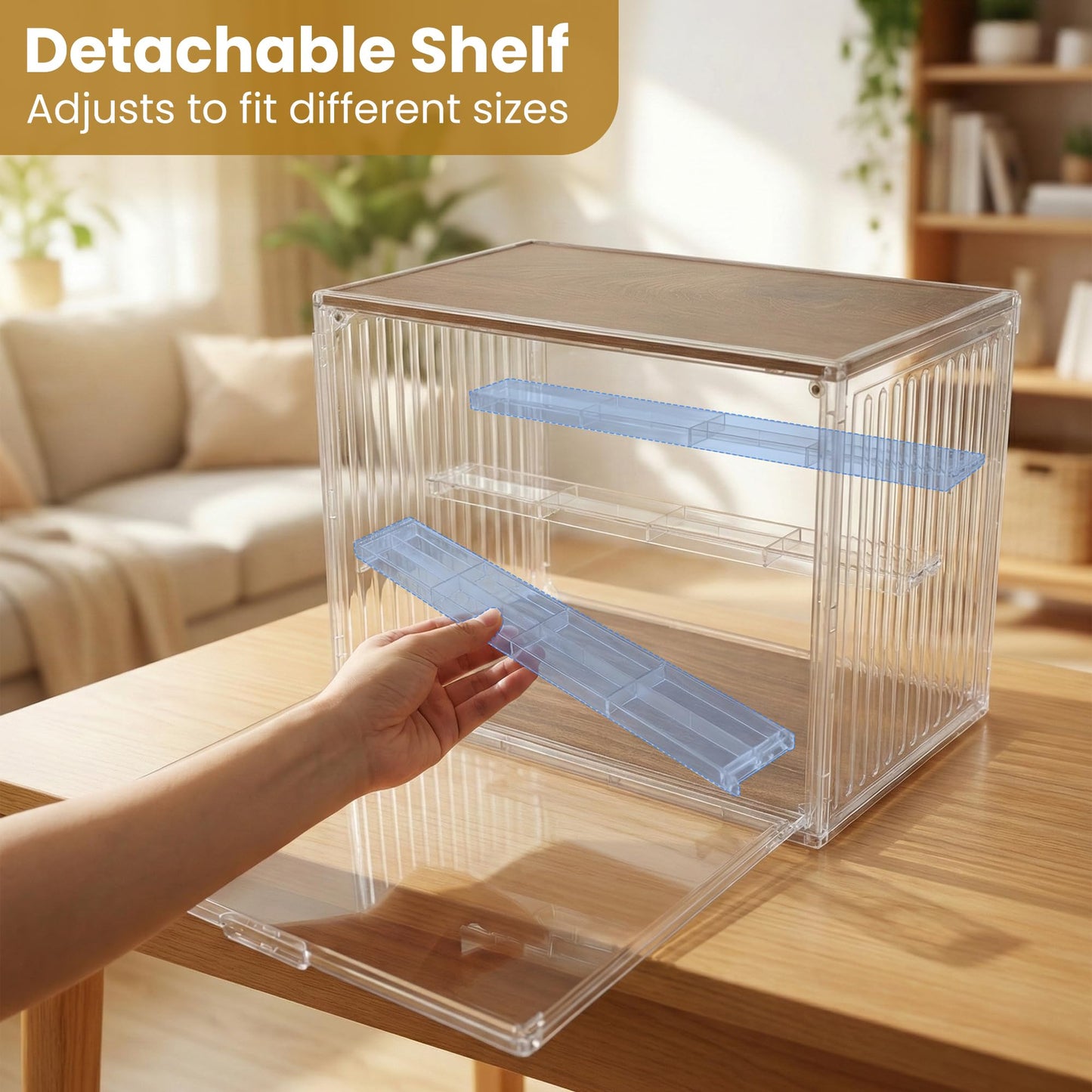 TimberAura Acrylic Display Case for Collectibles, 4-Tier Clear Display Box with Removable Shelves, Stackable Organizer with Magnetic Door for Figures, 1 Pack