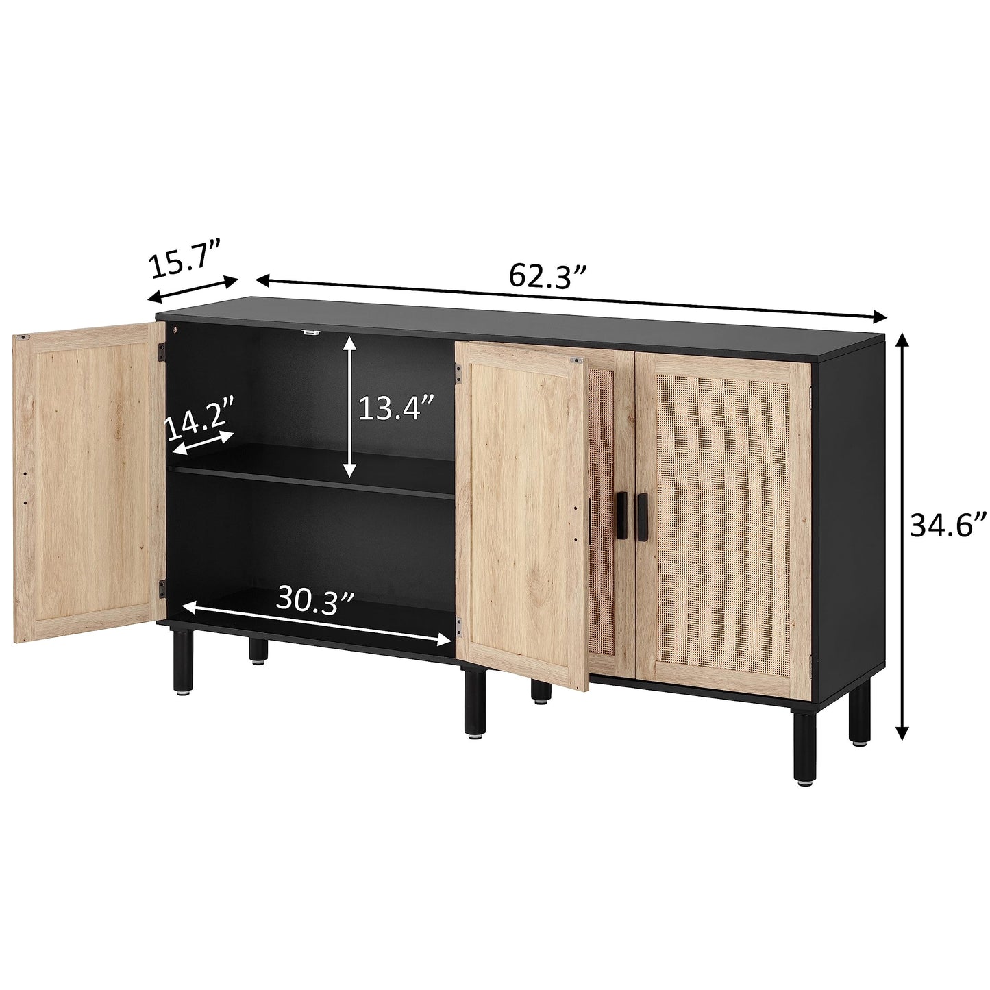 Finnhomy 4 Door Sideboard Buffet Cabinet, Kitchen Storage Cabinet with Rattan Decorated Doors, Cupboard Console Table, Boho Accent Liquor Cabinet, Bar Cabient, 62.3X 15.7X 34.6 Inches, Black