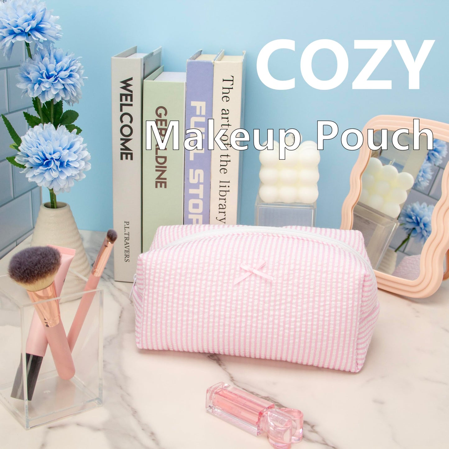 PAZIMIIK 6PCS Cozy Makeup Bag SET Travel Cosmetic Bag for Women Soft Toiletry Bag Aesthetic Makeup Organizer Portable Large Zipper Pouch for Skincare Beauty Accessories Brushes Stripe Pink