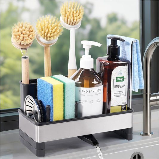 Ouletoy Kitchen Sink Caddy Organizer, Stainless Steel Sponge Holder, Kitchen Caddy Sink Organizer with Dish Brush Holder and Dishcloth Rack, Rustproof Dish Sponge Drying Rack for Countertop Storage