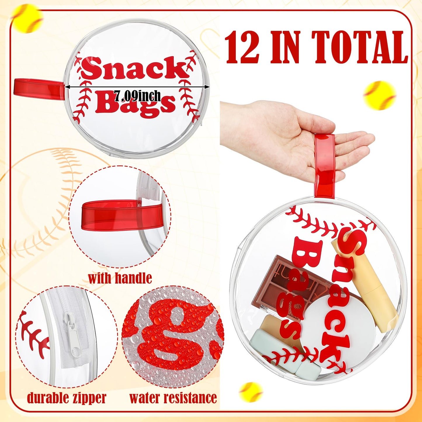 Reginary 12 Pcs Baseball Snack Bags for Team Gifts Baseball Goodie Treat Candy Bags Pouch Clear PVC Waterproof with Zipper Party Favors for Team Christmas Birthday Gifts Sport Supplies