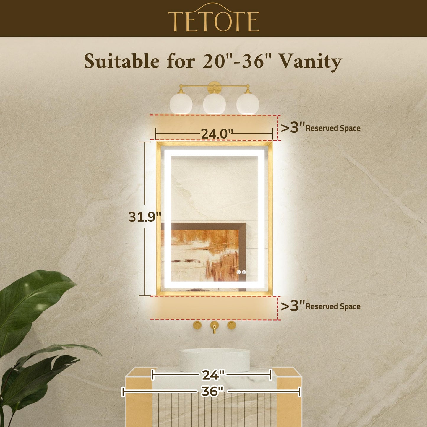 TETOTE 24 x 32 Bathroom LED Mirror Brushed Nickel Metal Frame Frontlit & Backlit Vanity Mirror Anti-Fog Stepless Dimmable 3 Colors White/Warm/Natural Mirror with Lights Wall-Mounted