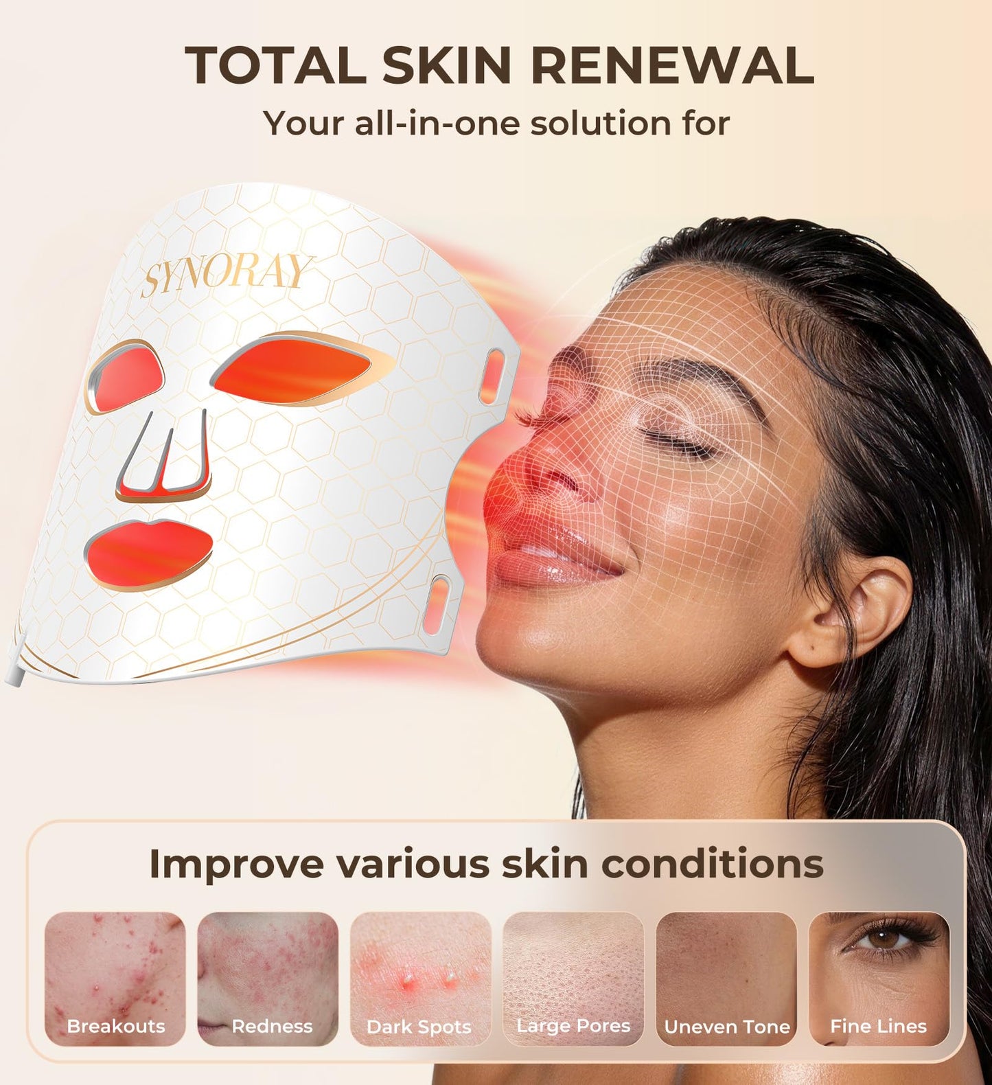 Synoray【Quad-Core 4X More Light Energy 】Red Light Therapy Mask for Face, 630nm 850nm NIR 8 Modes LED Light Therapy,【Food-Grade Silicone,Ultra-Lightweight & Contour-Fit 】Birthday Gifts for Women