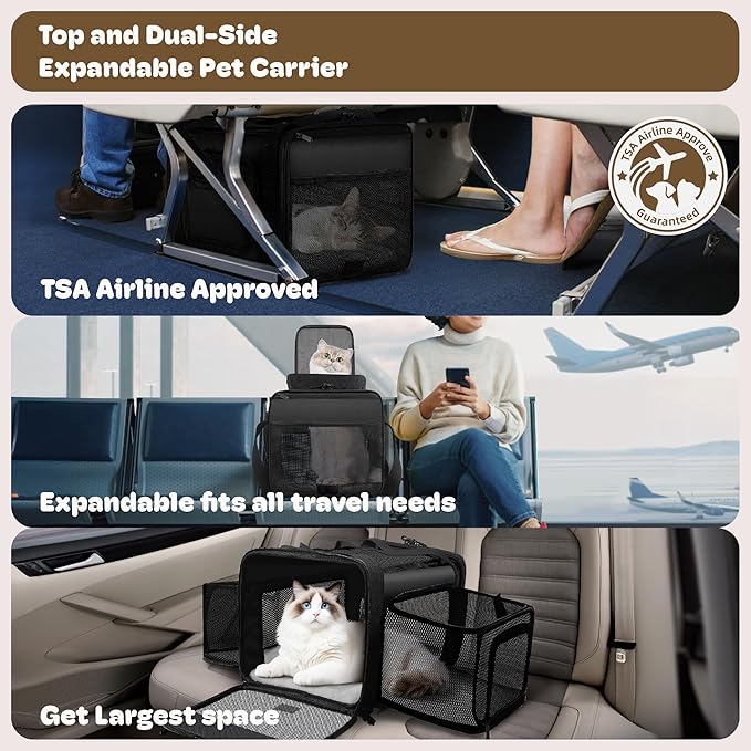 Top and 2 Sides Expandable Cat Carrier 18x11x11, TSA Airline Approved Dog Carriers for Medium Dogs, Soft-Sided Pet Carrier with Self-Locking Zippers for Kitten,Rabbit, Puppy, Guinea Pig Black