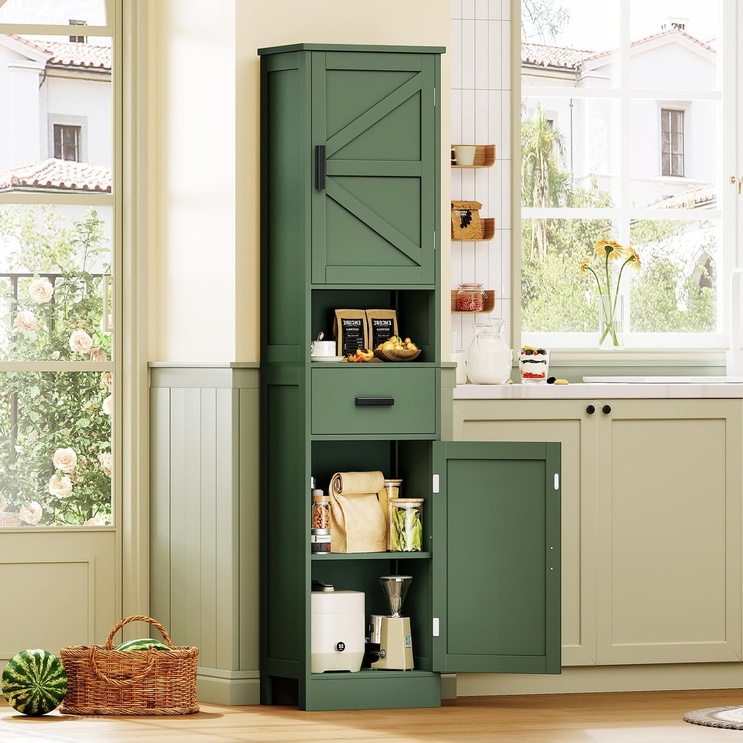 TEENFON 67" H Tall Bathroom Storage Cabinet with Barn Doors and Drawer, Narrow Bathroom Cabinet, Narrow Storage Unit, Adjustable Shelves, Floor Cabinets for Living Room, Forest Green