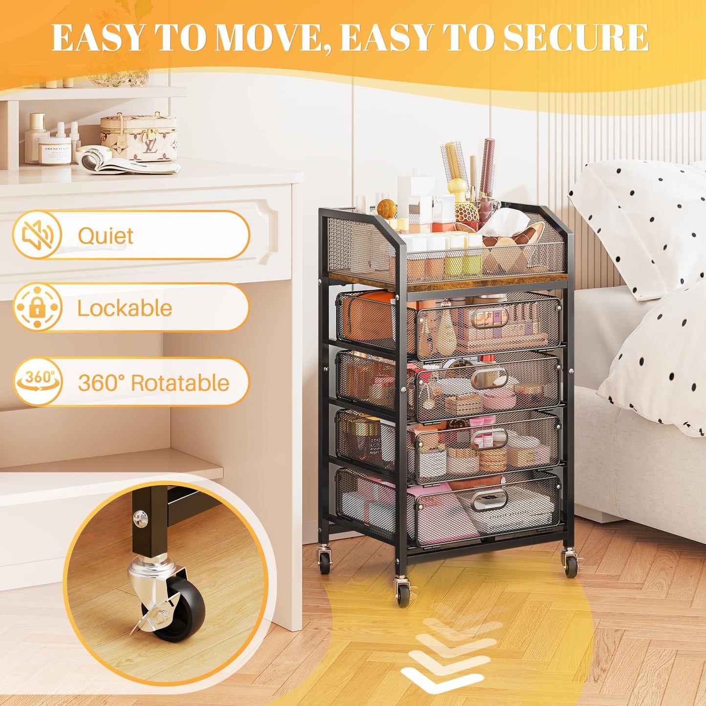 SUNALLY Makeup Organizer Cart with 4 Drawers, Rolling Makeup Storage Cart Metal Skincare Organizers, Large Vanity Storage Organizer Cosmetics Display Cases for Skin Care Perfume Nail Polish, Black