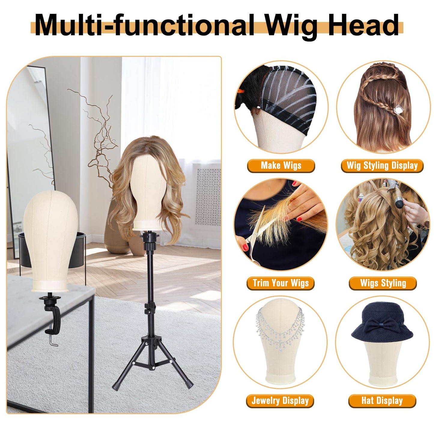 PWEOUKE 22 Inch Canvas Wig Head with Stand for Wigs ,14-22 Inch Height Adjustable Wig Stand Tripod with Canvas Block Wig Head,Manikin Head Block Set for Cosmetology with Wig Stand and Storage Bag