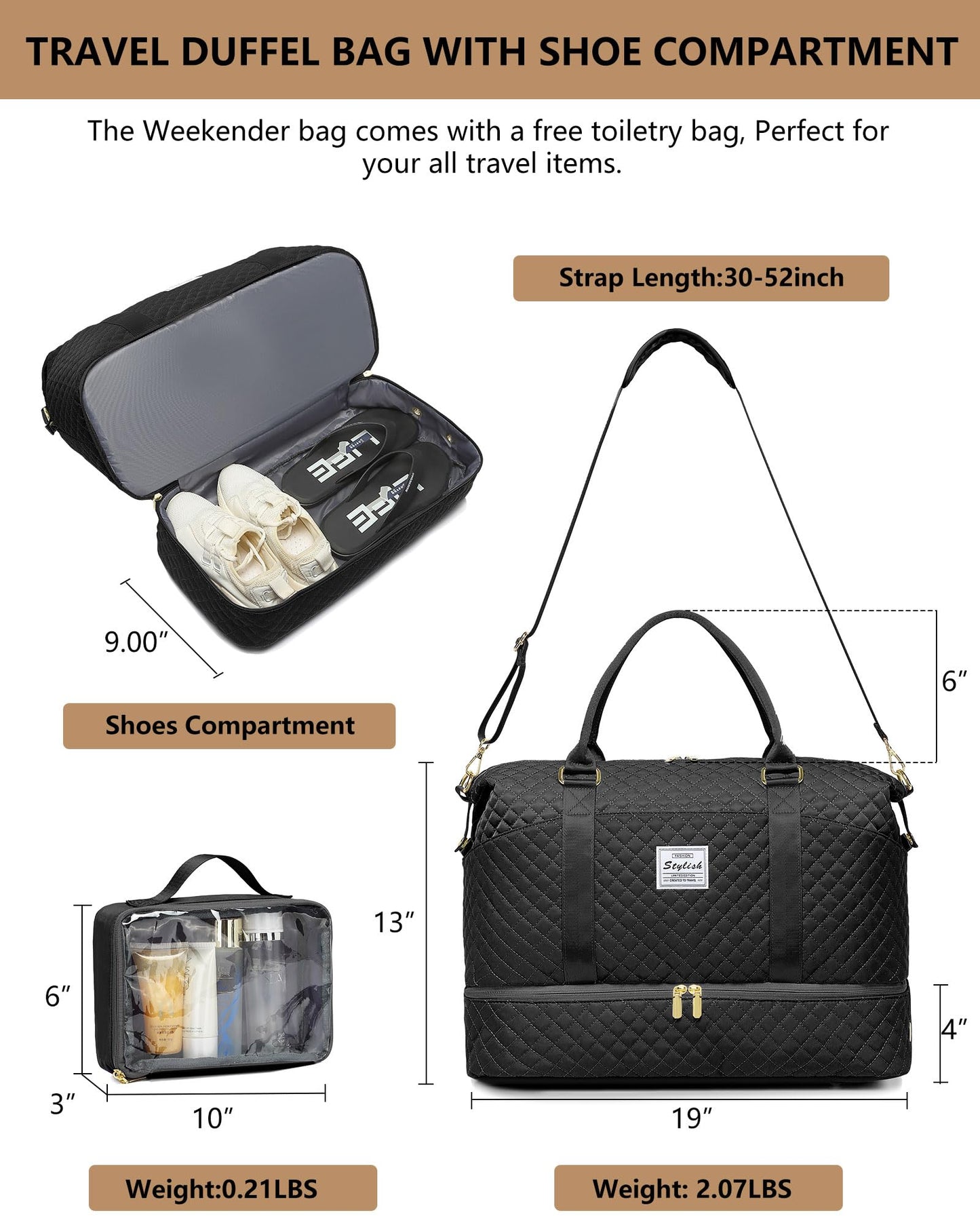 Womens Weekender Travel Overnight Bag: Carry On Bag with Shoe Compartment