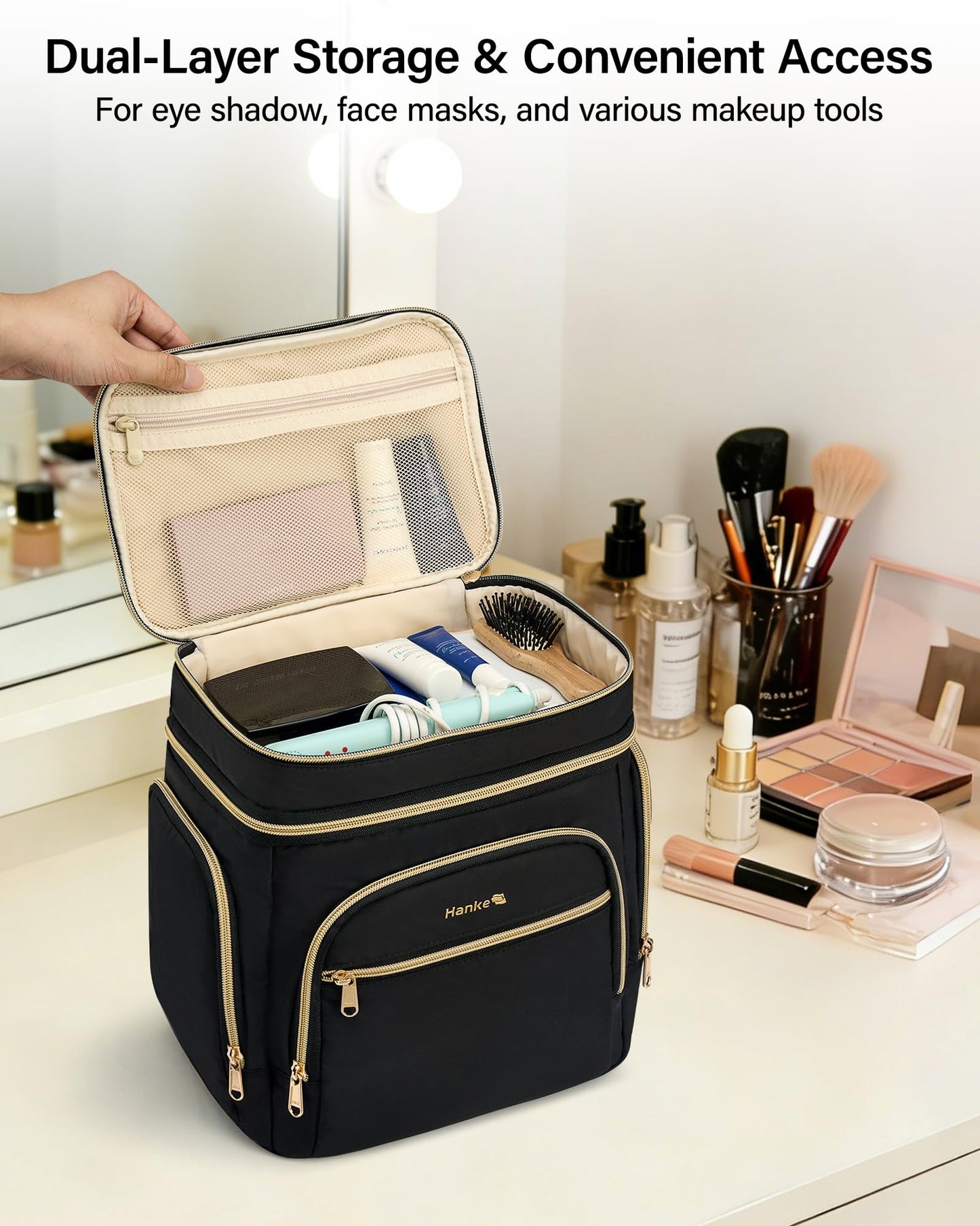 Hanke Large Toiletry Bag for Women Travel, Double Layer Organizer with Wide Opening for Full-Size Cosmetics & Toiletries, 12.2L Water-Resistant Makeup Bag,Black
