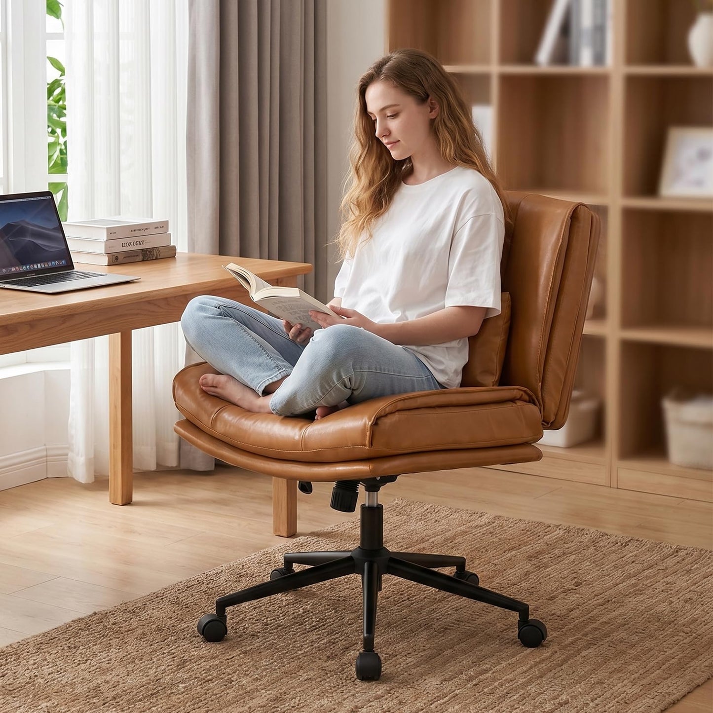BIAOZHIKE Armless Criss Cross Office Chair with Wheels,PU Leather Brown