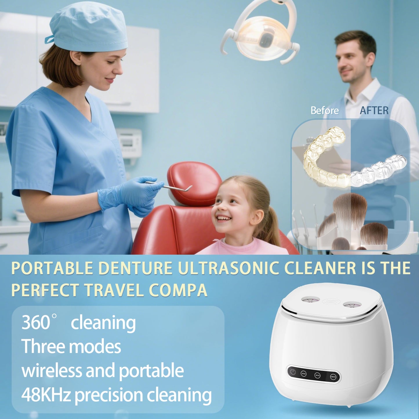 Ultrasonic Retainer Cleaner 48kHz Ultrasonic Cleaner Dental Ultrasonic Retainer Cleaner Machine Dental Cleaning Pod for Denture with Digital Timer, Dual Cleaning Mode for All Dental Appliances (White)