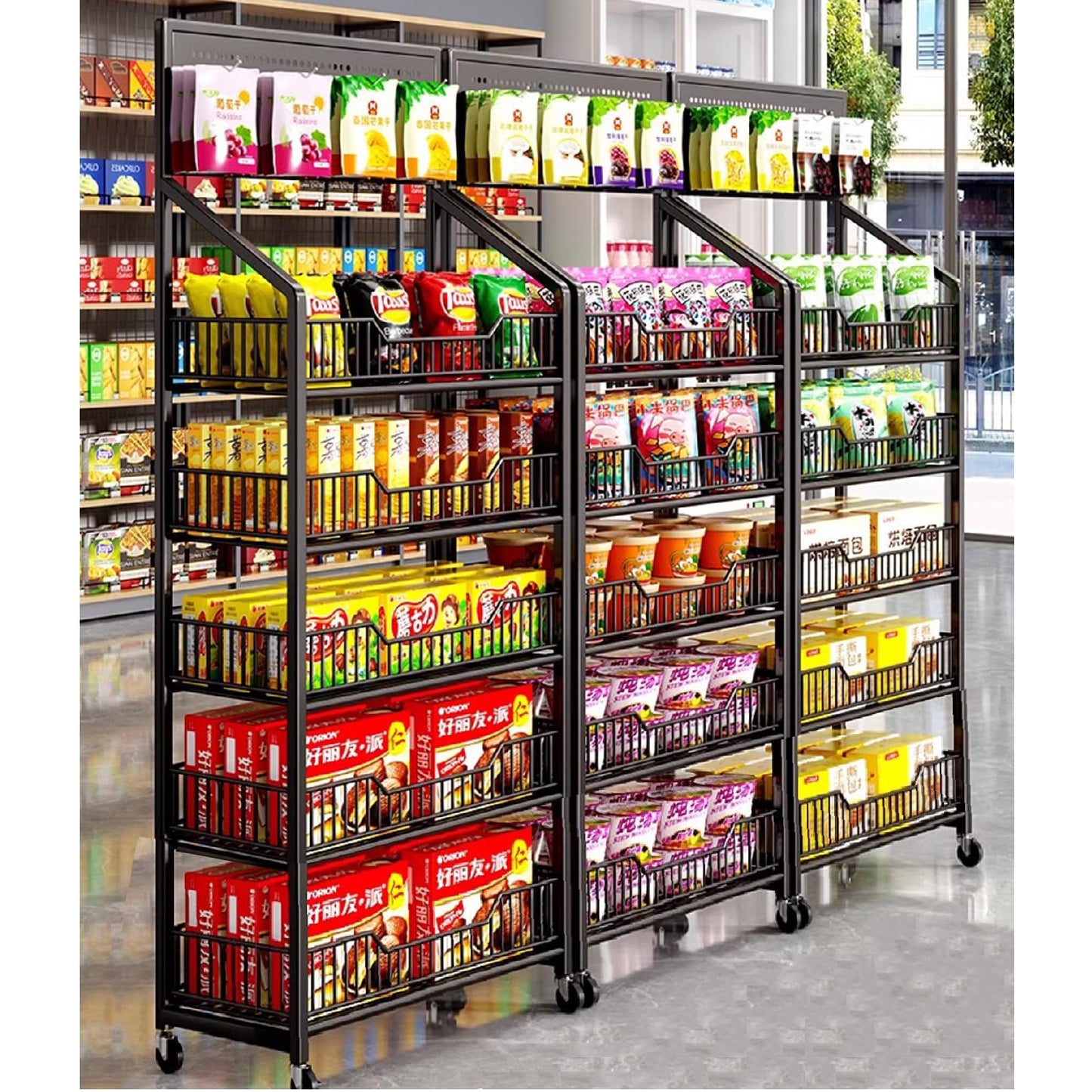 XNKLMYT 5 Tier Retail Display Racks, Large Capacity Snack Rack Display Stand, Pegboard Snack Shelf with 15 Hooks and 4 Wheels for Supermarket Kitchen Office Store Display, Black (1)