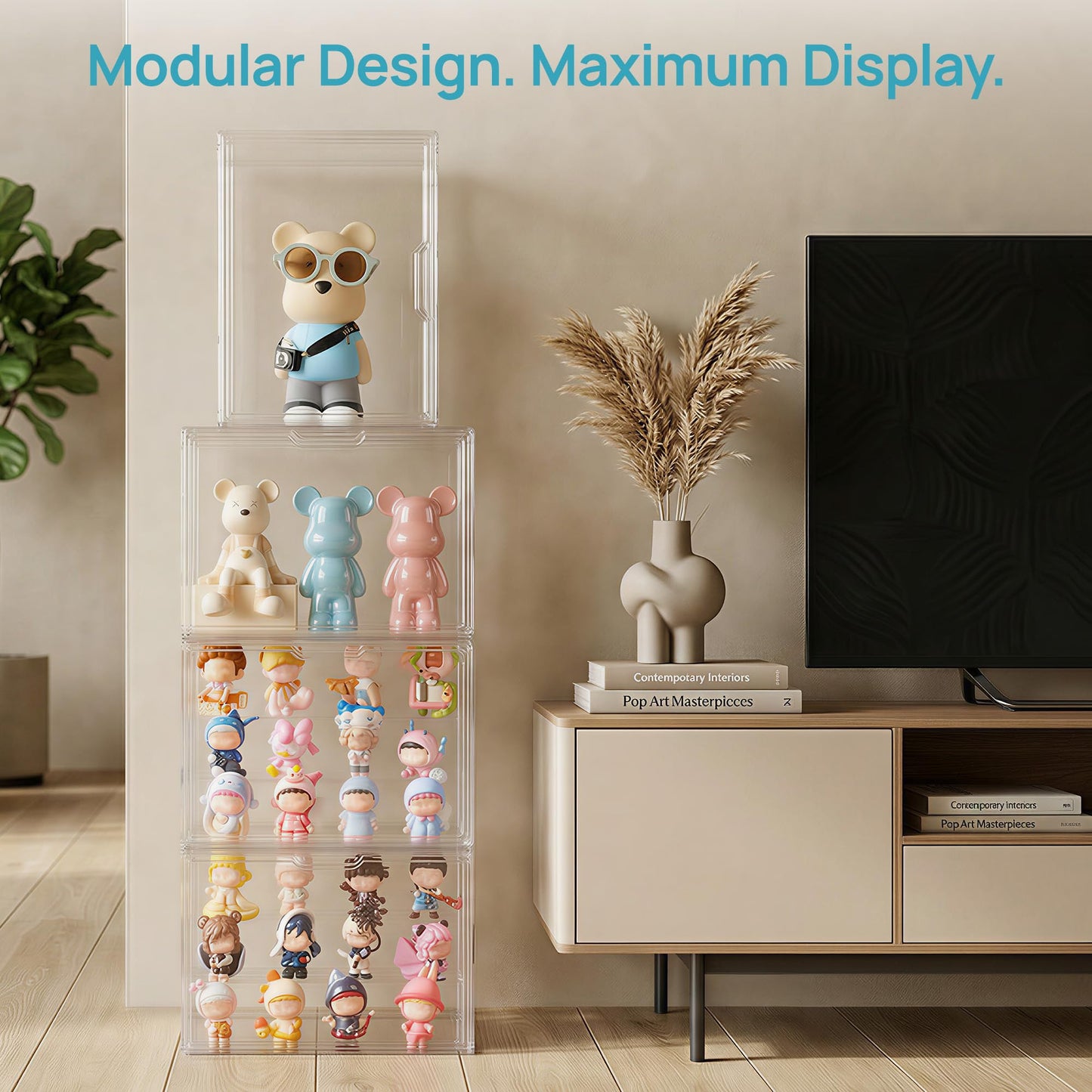 Vtopmart 2 Pack Acrylic Display Case, Stackable Figure Display Case with Magnetic Door & Adjustable Shelves, Clear Collectibles Showcase for Action Figures, Miniatures, Models