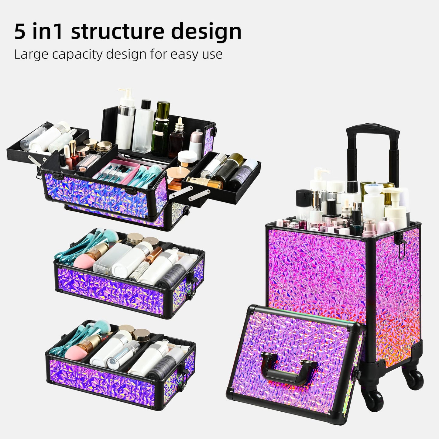 GALHUBIS Rolling Makeup Case, Makeup Train Case with Lid, 5 in 1 Cosmetology Case on Wheels, Christmas Gift, Large Makeup Case Organizers, Profesional Cosmetic Case for Salon Barber,Black Colorful