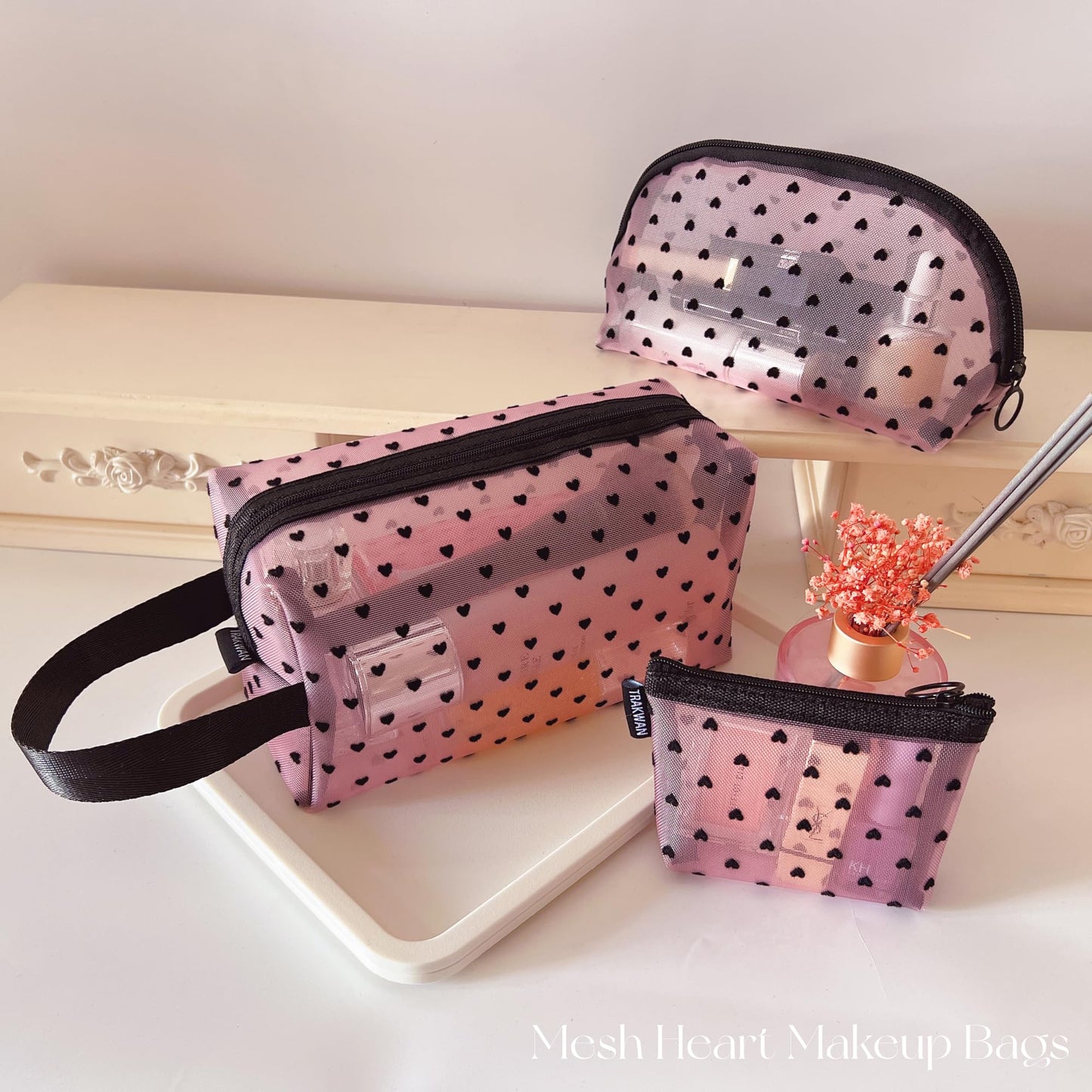 5 Pieces Mesh Heart Makeup Bags Sets, Zipper Mesh Cosmetic Bag Toiletry Bag, Travel Makeup Bags for Women, Small Items Storage Organizer Bags for Home Office Travel (Pink)