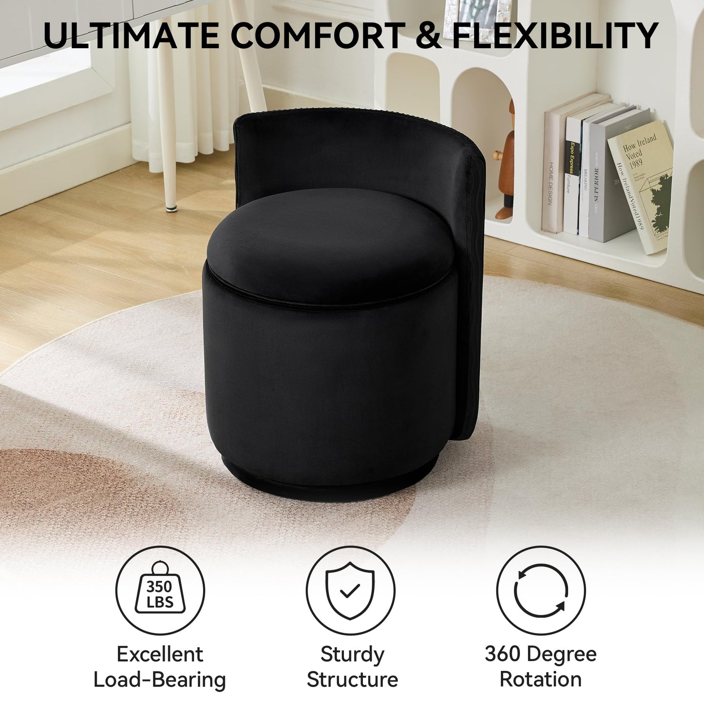 WUTUTUEE Velvet Vanity Chair with Storage, 360° Swivel Makeup Chair with Wave Back, No Assembly Small Accent Stool for Bedroom, Dressing, Living Room, Black