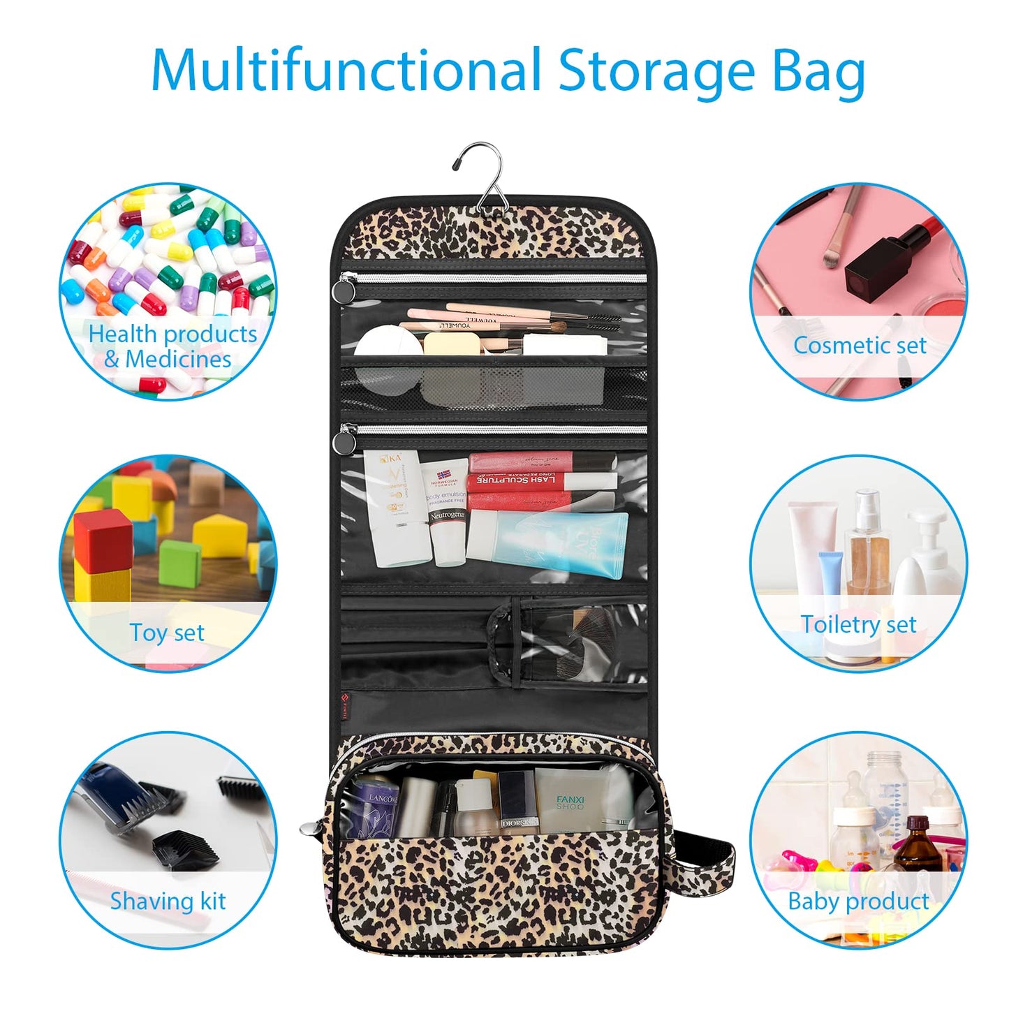 FINTIE Portable Toiletry Cosmetic Travel Bag, Large Water Resistant Hanging Makeup Organizer Storage Pouch Case for Women Girls (Leopard)