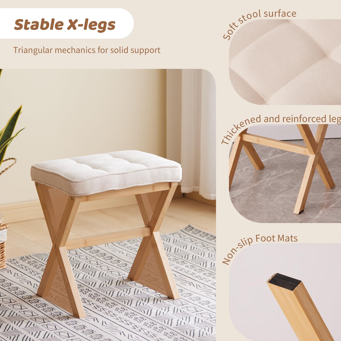 FILWH Foot Stool Small Ottoman Foot Rest Padded Foot Stool Desk for Under Office Desk Vanity Stool Bamboo Footstool Sofa Footrest Shoe Stool Small Foot Stools (Natural Legs + Beige)