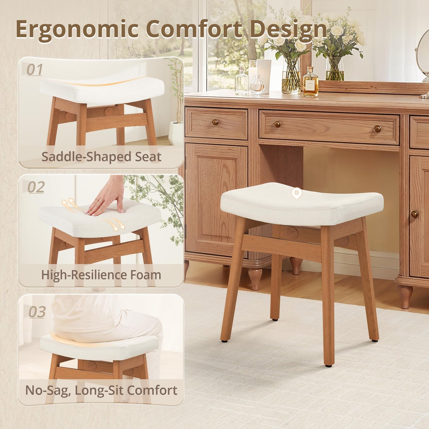 LUE BONA Vanity Saddle Stool with Wood Legs, 17.3" H Compact Makeup Stool with Sick Upholstery, Vanity Bench for Bedroom, Entryway & Bathroom, 300 lb Weight Capacity
