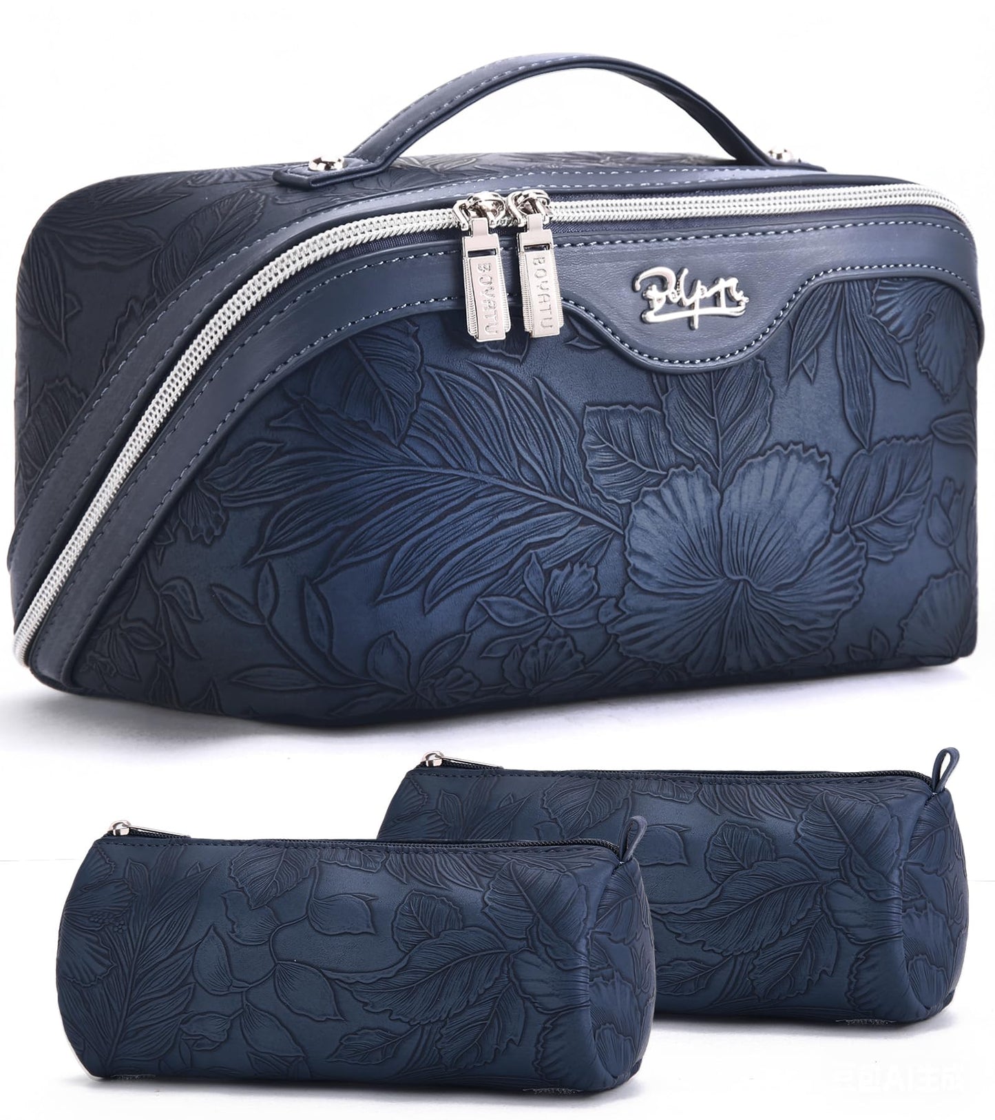 BOYATU Travel Makeup Bags Cosmetic Organizer Bag: 3-Set Large Capacity Make up Bag - PU Leather Toiletry Bags for Women - Wide Open Portable Pouch with Divider & Handle (02-Dark Blue)