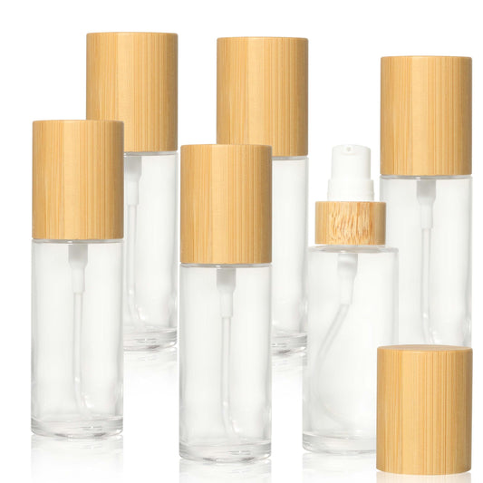 COSIDEA 6 pcs Empty 1.67oz / 50ml bamboo lids Clear glass bottle with lotion pump dispenser, refillable emulsion cosmetic cream Serum bottles, toiletries refill travel container