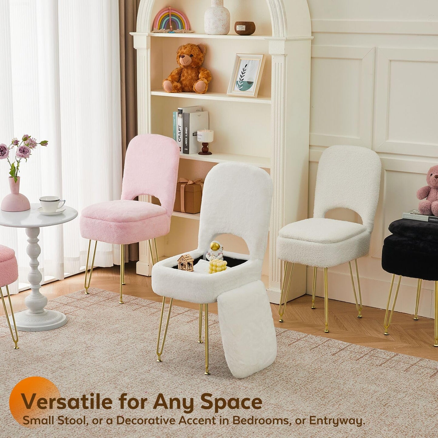 BRIAN & DANY Vanity Chair with Storage and Folding Back, Teddy Velvet Square Storage Chair, Vanity Stool Chair with 4 Metal Legs for Bedroom, Living Room and Makeup Stations, 13.4"x 15"x 30", White