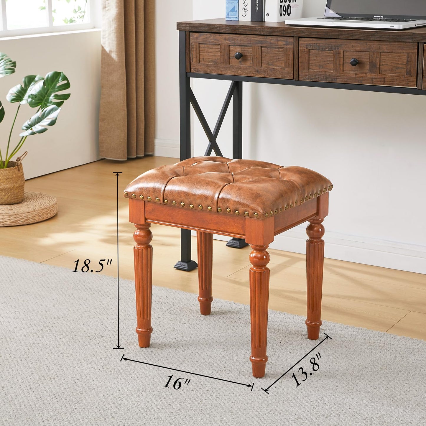 KUKEJCM Microfiber Leather Vanity Stool for Makeup,Solid Wood Carvied Vanity Bench Seat,Convertible Piano Stool and Dining Table Chair with Padded Ottoman,Classic Dressing Table Chair for Bedroom