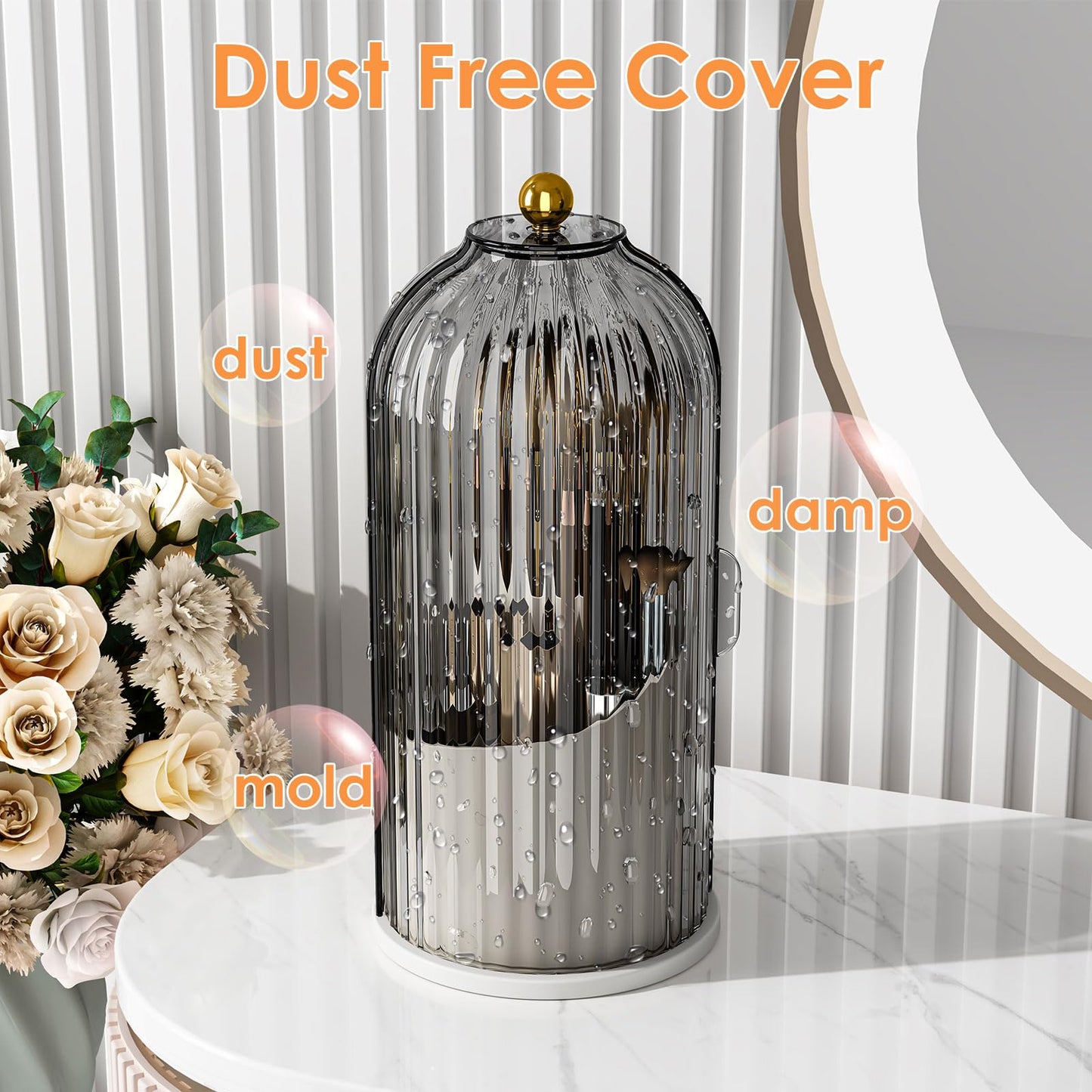 YOOLENS Makeup Brush Holder with Lid 360 Rotating Clear Dustproof Make Up Organizers for Vanity Bathroom Countertop, Gray