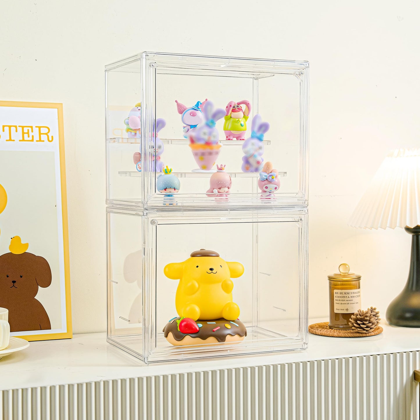 LXLXXL Small Acrylic Display Case for Collectibles 3 Layer Adjustable Display Case with Magnetic Door Clear Stackable Display Box for Mini Figures, 4 Pack