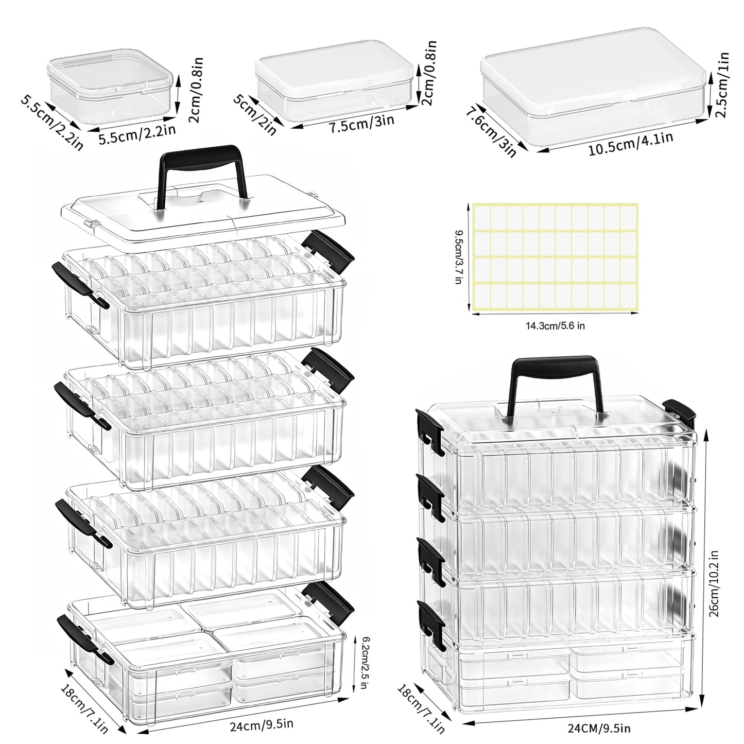 VANSUNS Stackable Bead Storage Organizer, 88 Small Plastic Containers with Lids, 4-Layer Clear Bead Organizer Box, 3 Sizes, Portable, for Jewelry and Crafts