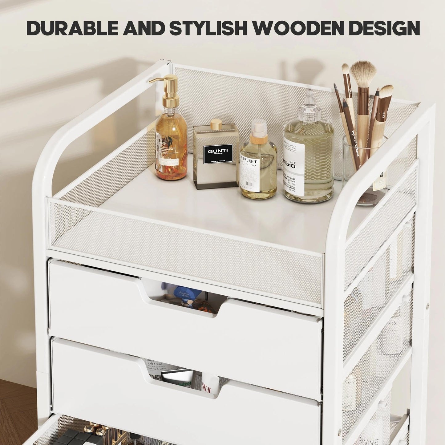SEFILENCE Makeup Organizer Cart with 4 Drawers, Vanity Storage Drawer Carts with Dividers, Nail Cart Organizer Cosmetic Display Cases Cabinet for Skin Care, Nail Polish, Perfume, White