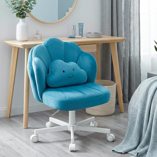 COMHOMA Petal Vanity Chair with Wheels, Cute Desk Chair for Girls Women, Upholstered Home Office Chair with Backrest, Height Adjustable Armless Swivel Chair for Bedroom, Velvet, Blue