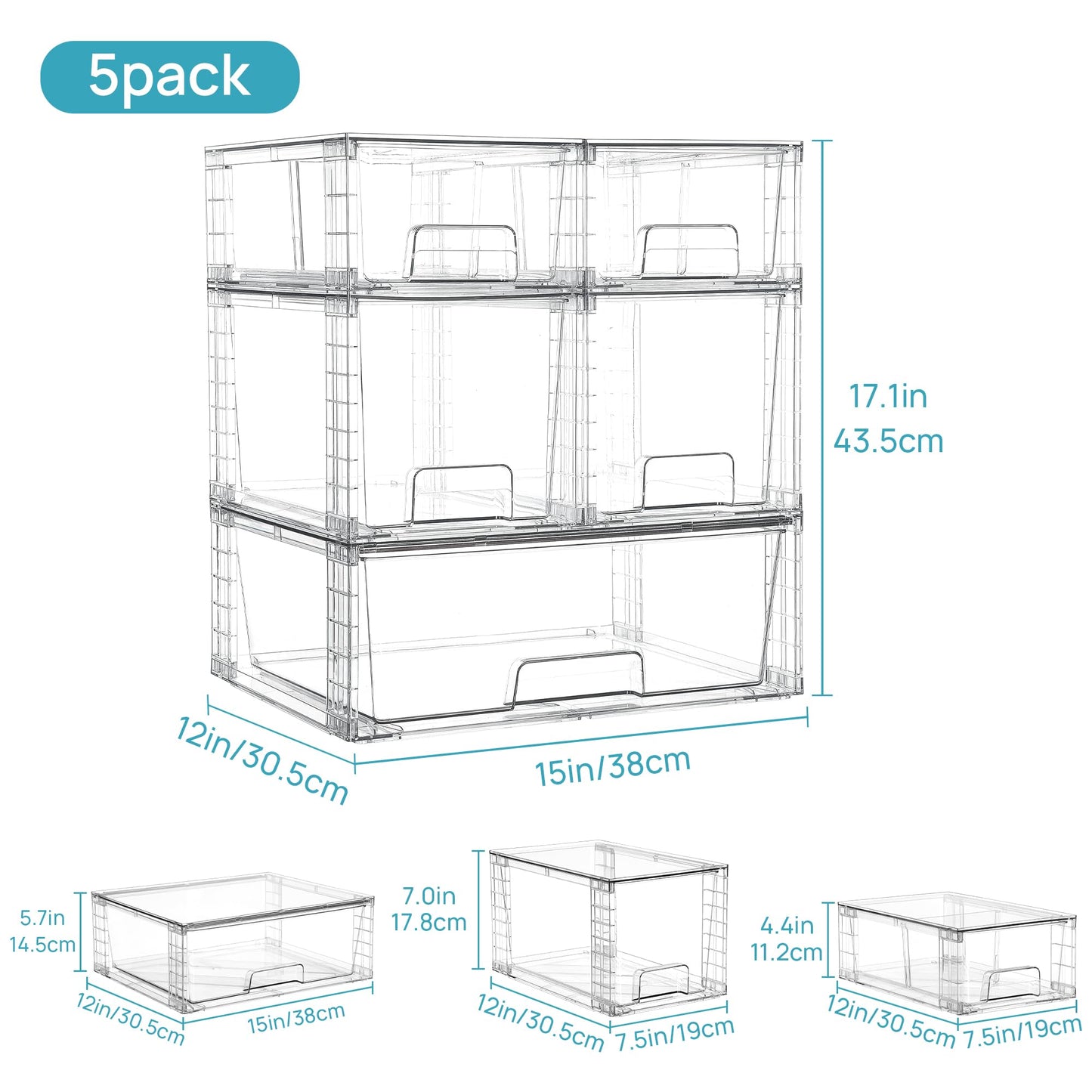 Vtopmart Clear Stackable Storage Drawers Set of 5, Easily Assemble Acrylic Bathroom Undersink Organizers,Plastic Storage Bins for Closet,Cabinet,Pantry,Medicine Organization
