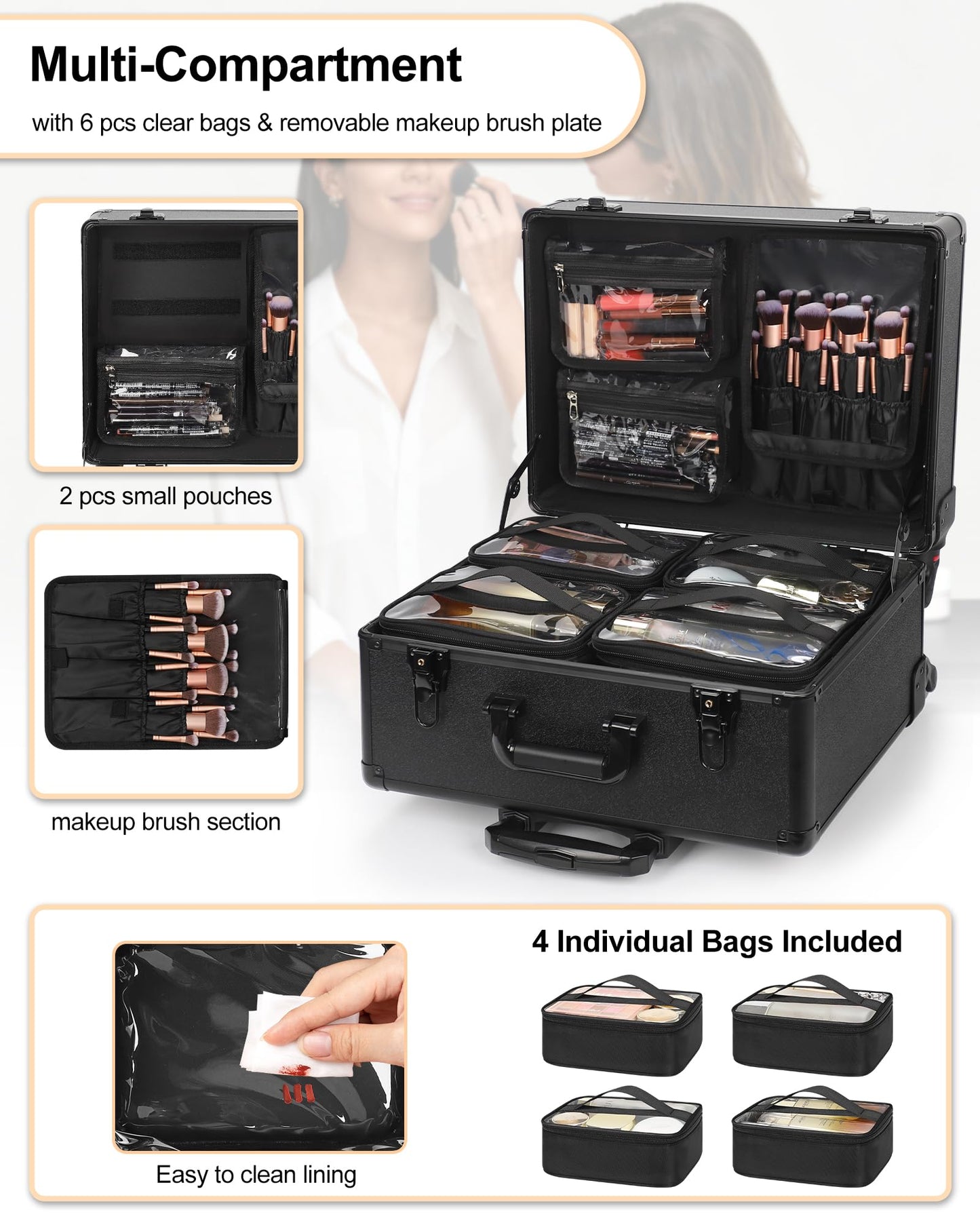 Relavel Rolling Makeup Case Cosmetology Case on Wheels Professional Extra Large Travel Train Case for Makeup Artists, Trolley Suitcase for Cosmetic Nair Art Salon Storage Organizer with 6 Clear Bags