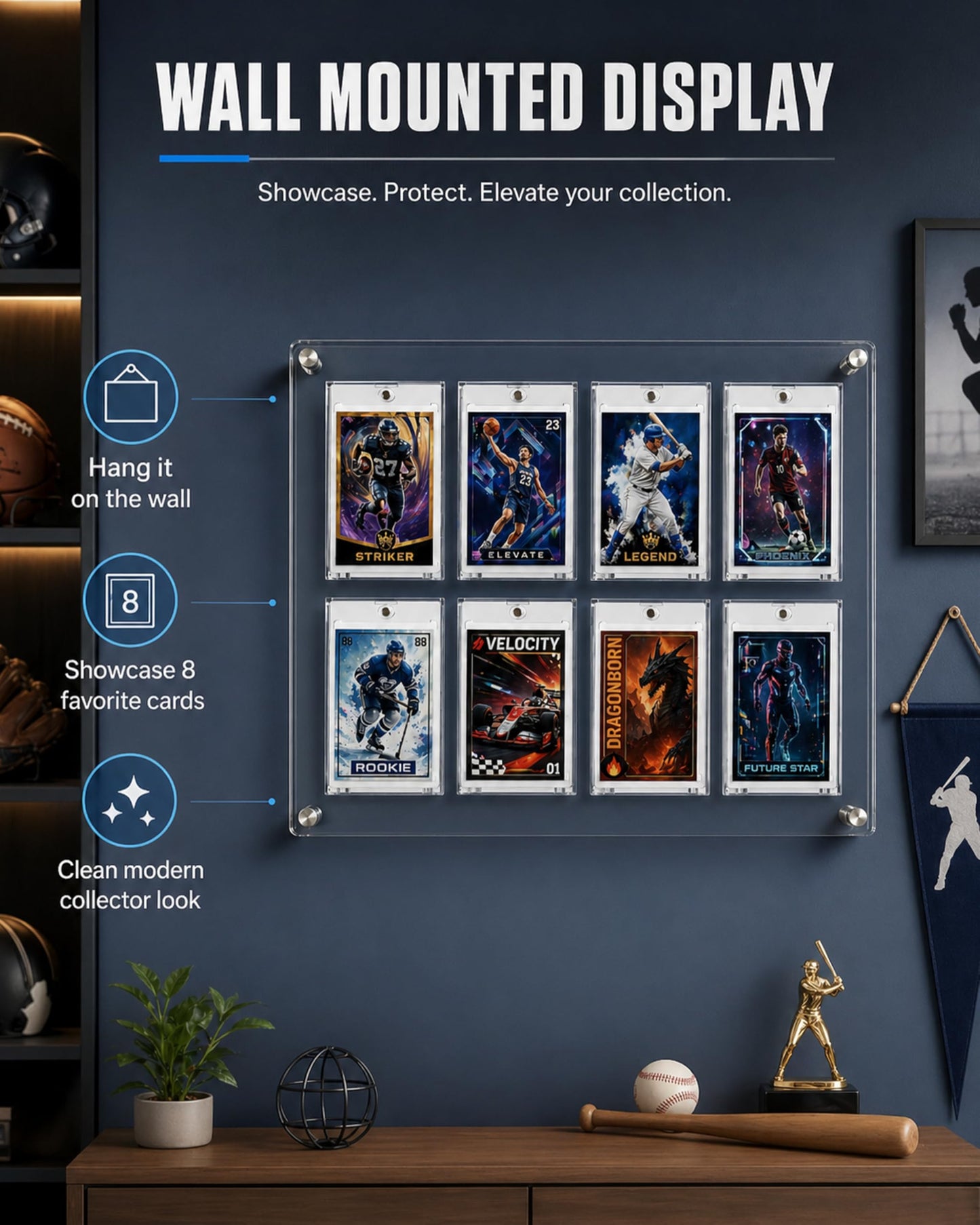 Acrylic 8 Card Display Frame with 8 Magnetic UV Protection Card Cases, Wall Mounted & Desktop Trading Card Display Stand for Sports Cards, Baseball Cards, Football Cards, Basketball Cards, TCG Cards