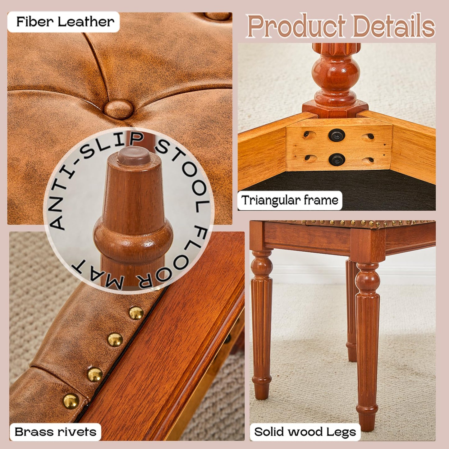 KUKEJCM Microfiber Leather Vanity Stool for Makeup,Solid Wood Carvied Vanity Bench Seat,Convertible Piano Stool and Dining Table Chair with Padded Ottoman,Classic Dressing Table Chair for Bedroom