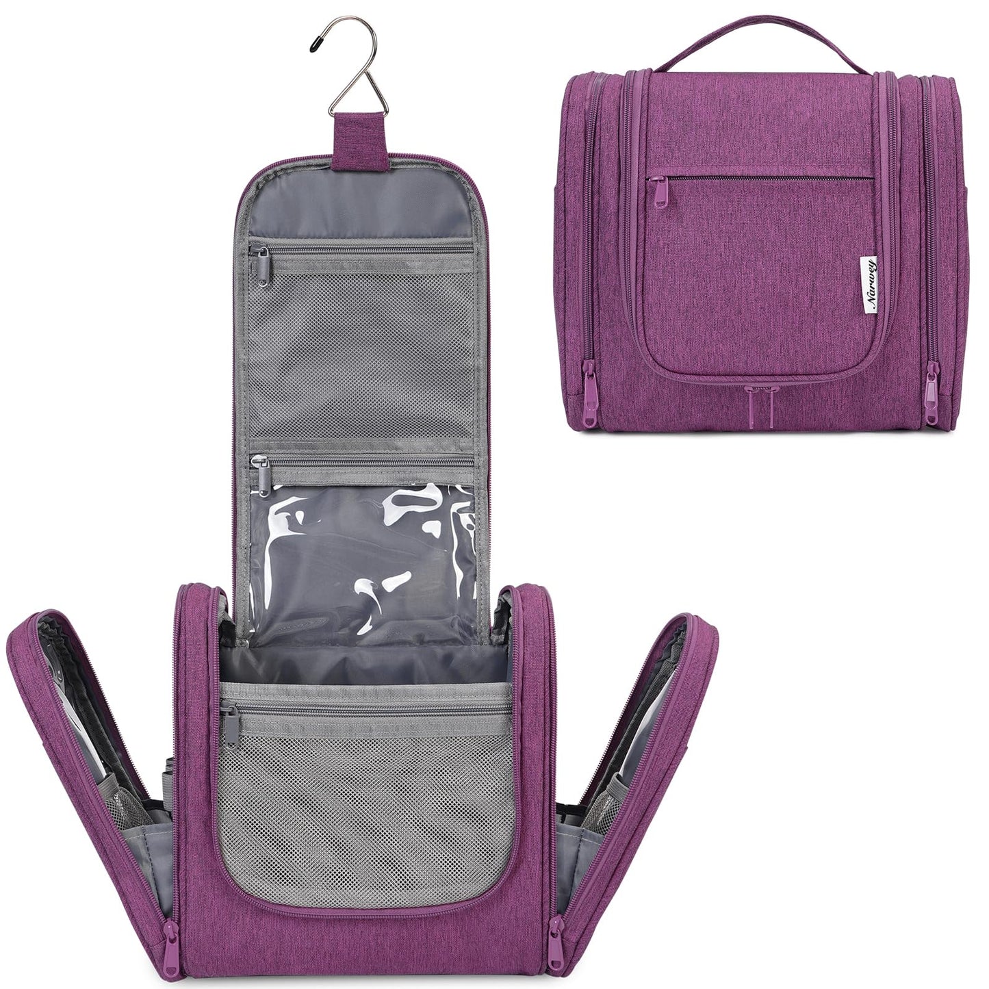 Narwey Large Hanging Toiletry Bag for Women Travel Makeup Bag Organizer Toiletries Bag Dry Wet Separation (Dark Purple)