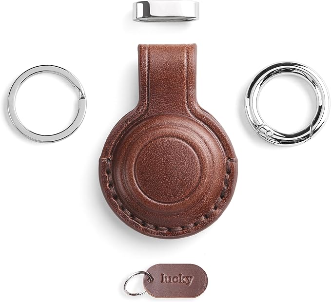 Genuine Leather AirTag Keychain Holder - Compatible with Apple AirTag Holder Keychain, Secure Hidden Air Tag Case Cover Key Chain Ring Fob Accessories (Dark Brown)