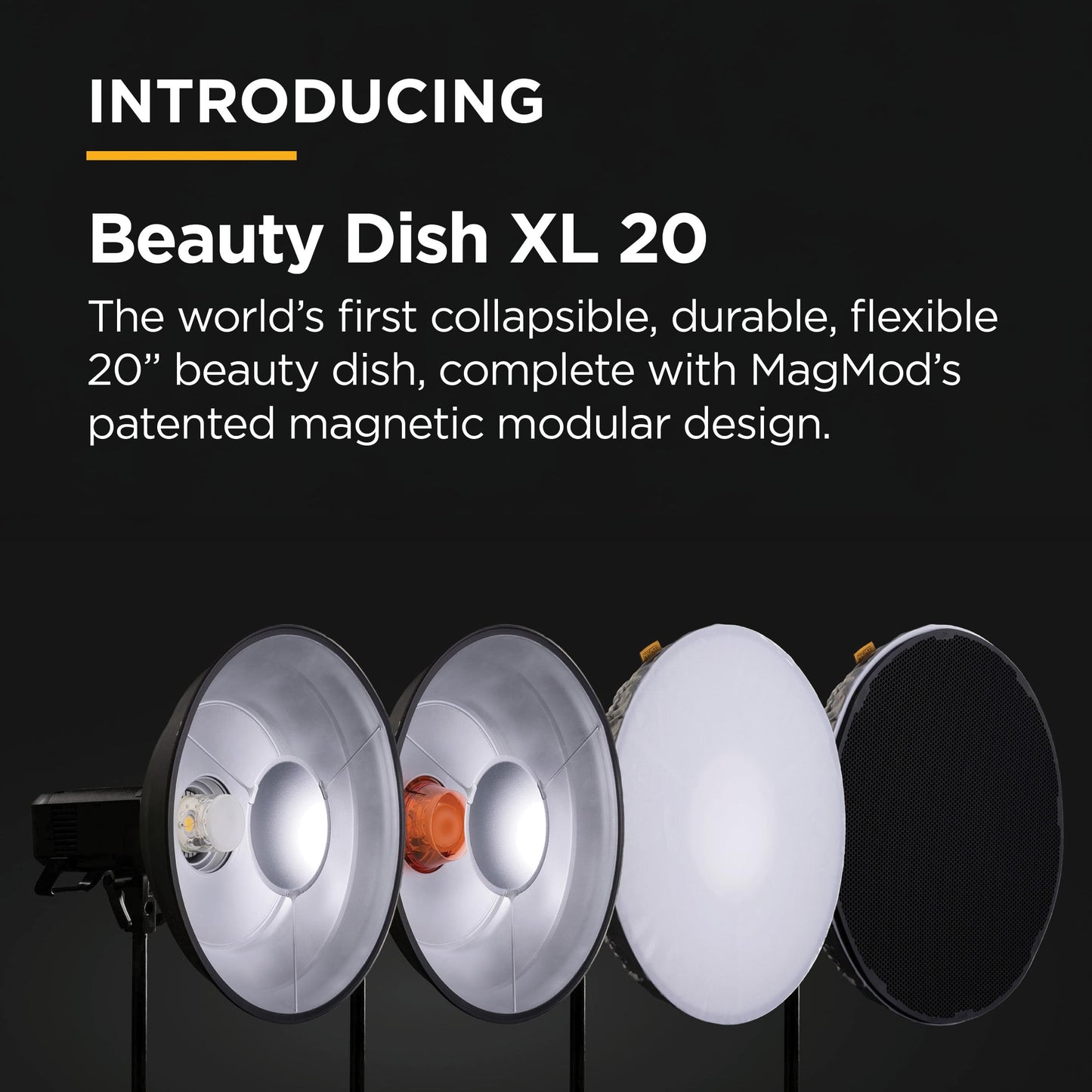 Beauty Dish XL 20 Pro Kit by MagMod, Collapsible Magnetic 20" Beauty Dish for Flattering Portrait & Studio Photography, Includes Bowens Mount, Grid & Diffusion Sock, Compatible with Godox & Profoto